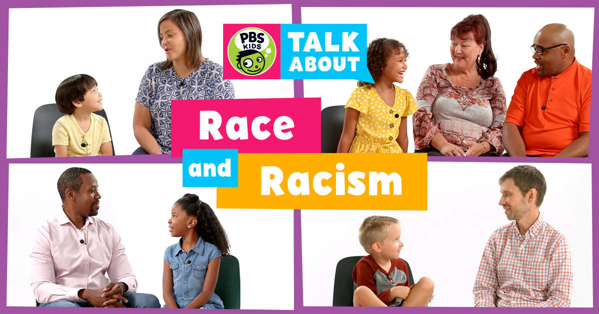 Four images of adults speaking to their children, overlayed with the text PBS KIDS Talk About Race and Racism" "