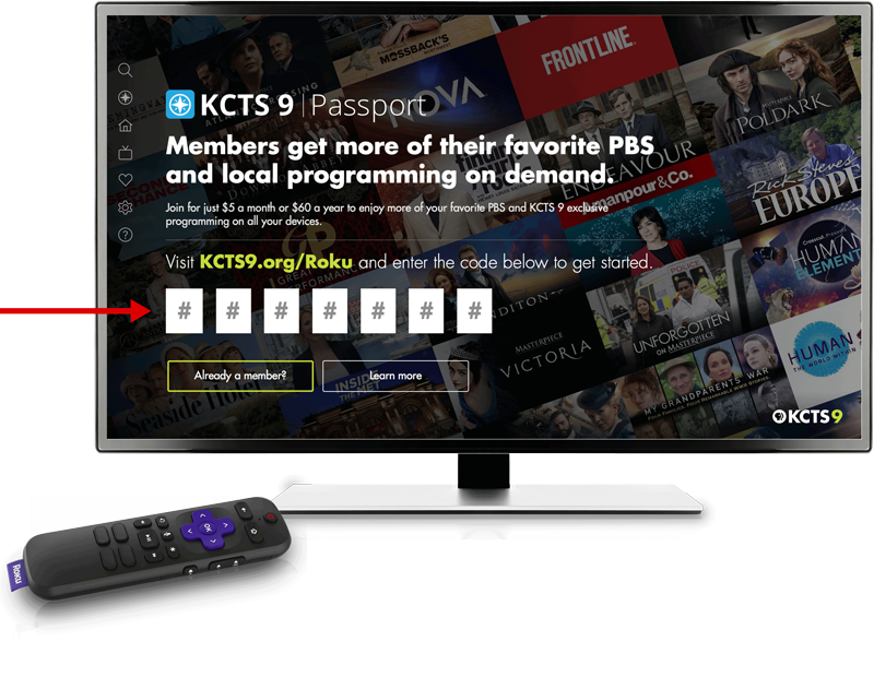 A Roku remote control sits next to a television displaying the Cascade PBS Roku app Passport activation screen