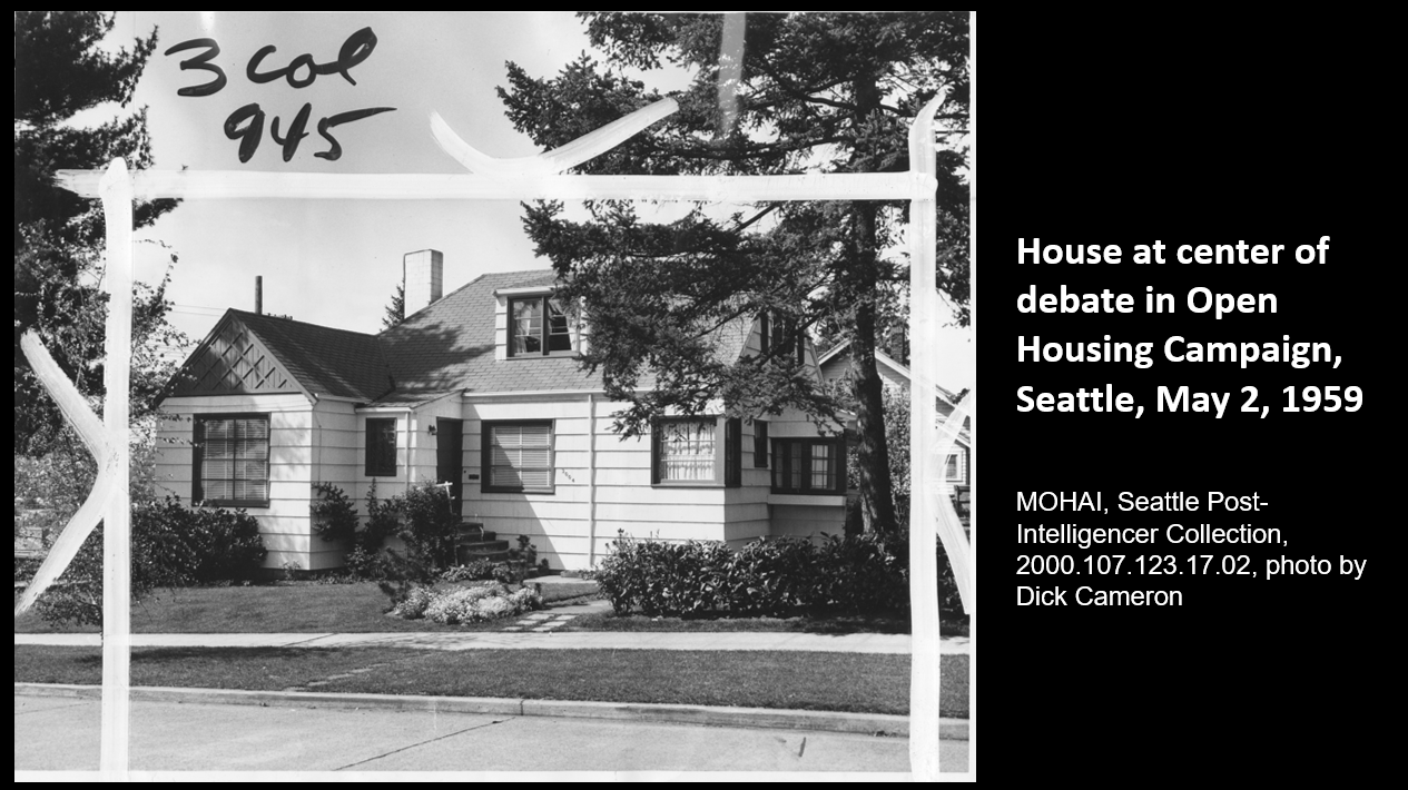 House at center of debate in Open Housing Campaign, Seattle, May 2, 1959   MOHAI, Seattle Post-Intelligencer Collection, 2000.107.123.17.02, photo by Dick Cameron