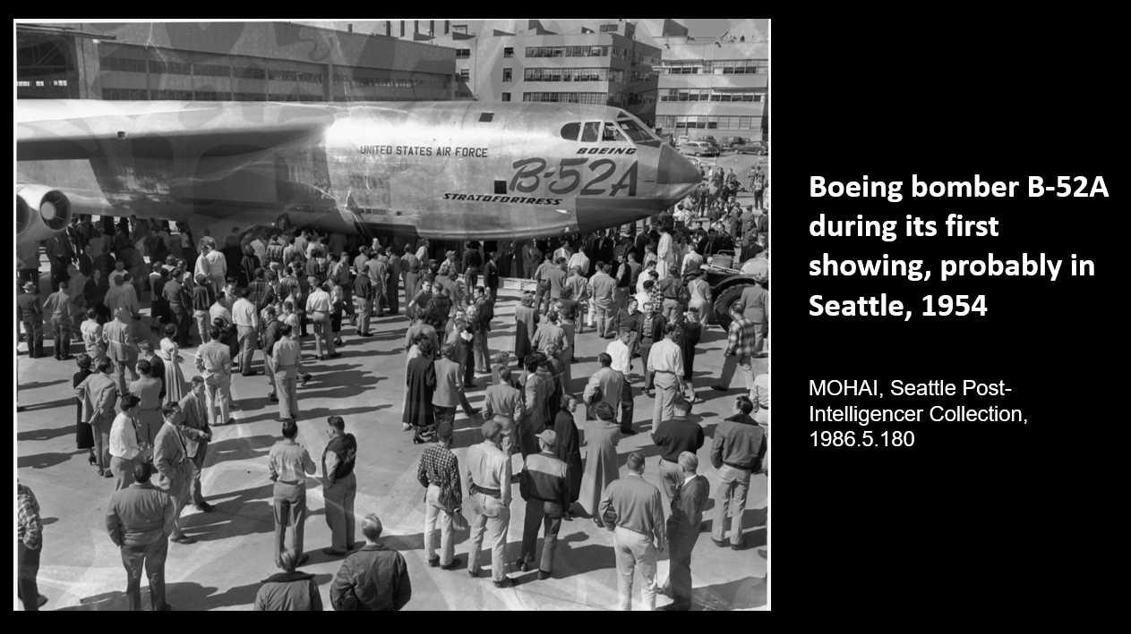 Boeing bomber B-52A during its first showing, probably in Seattle, 1954   MOHAI, Seattle Post-Intelligencer Collection, 1986.5.180
