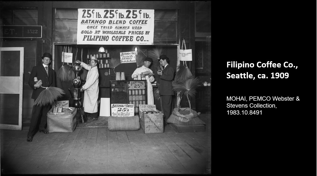 Workers standing outside of Filipino Coffee Co., Seattle, ca. 1909   MOHAI, PEMCO Webster & Stevens Collection, 1983.10.8491