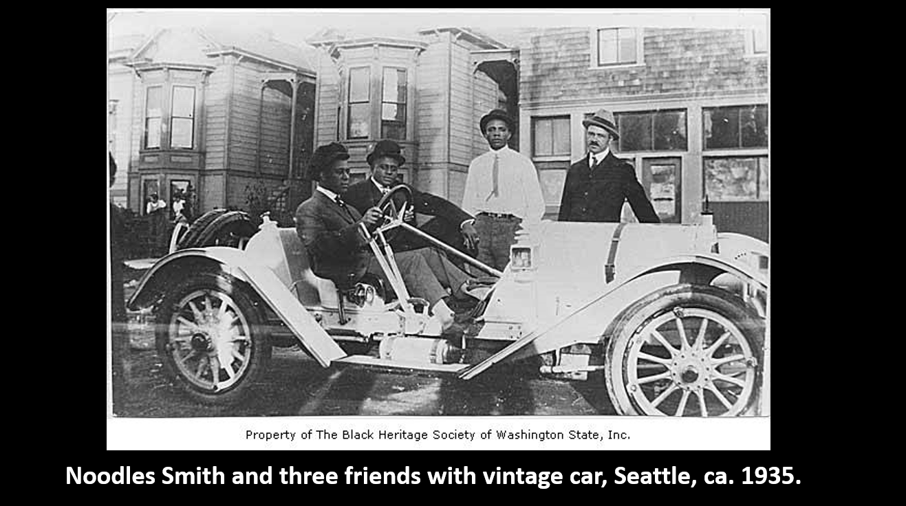 Noodles Smith and three friends with vintage car, Seattle, ca. 1935. 