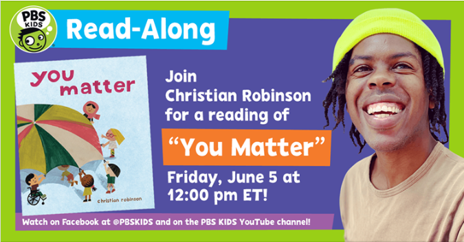 Graphic advertising a read-along with author Christian Robinson for his book "You Matter"